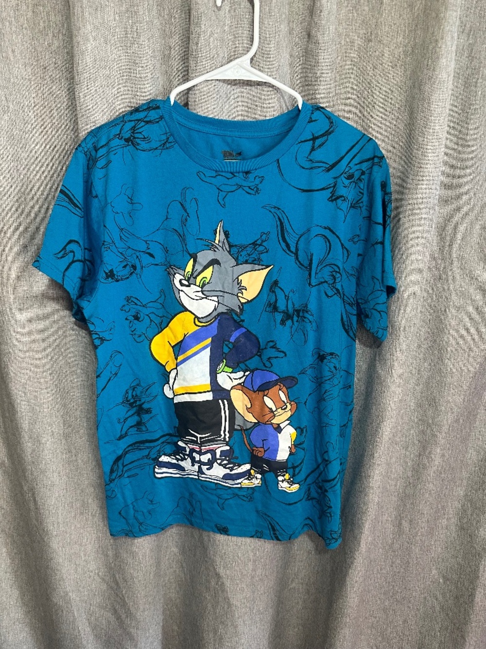 Tom & Jerry Streetwear Sportswear Teal Blue All Over Print Graphic Tee - XL